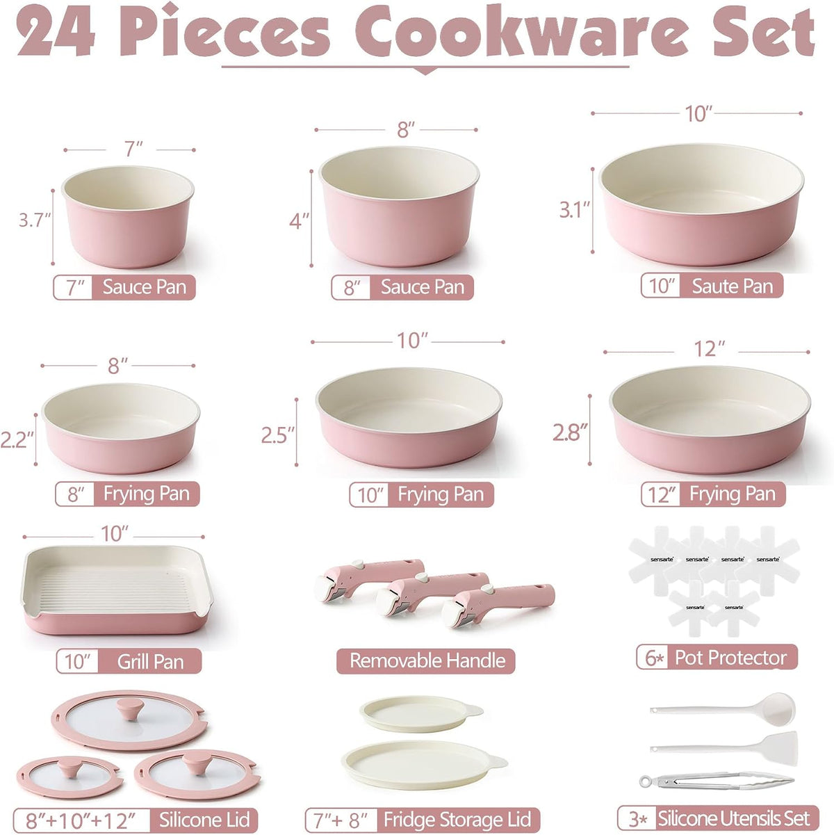 24 Piece Ceramic Detachable Handle Pots and Pans Set Pink