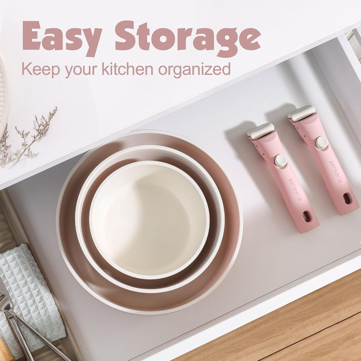 24 Piece Ceramic Detachable Handle Pots and Pans Set Pink