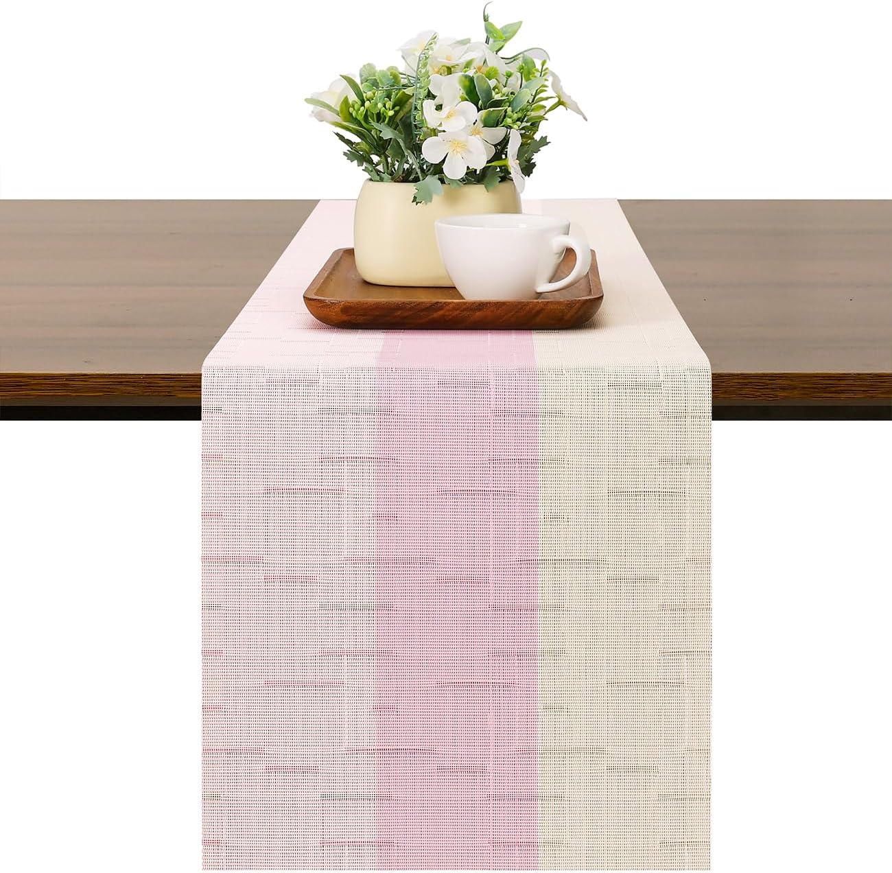 Table Runner 53 Inches Long, Vinyl Woven Farmhouse Table Runners Indoor and Outdoor Washable Heatproof Non-Slip Table Decorations for Party Home Dining Table (Beige Pink, 12 x 53 Inch)
