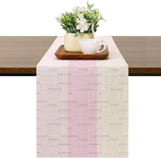 Table Runner 53 Inches Long, Vinyl Woven Farmhouse Table Runners Indoor and Outdoor Washable Heatproof Non-Slip Table Decorations for Party Home Dining Table (Beige Pink, 12 x 53 Inch)