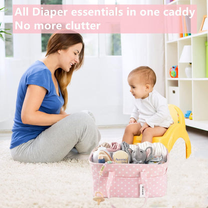 Pink Diaper Caddy Organizer for Baby Girl-Large Portable Diaper Caddy Basket for Changing Table-Diaper Organizer Caddy-Car Travel Tote Bag-Newborn Registry Baby Shower Basket for Diapers & Wipes