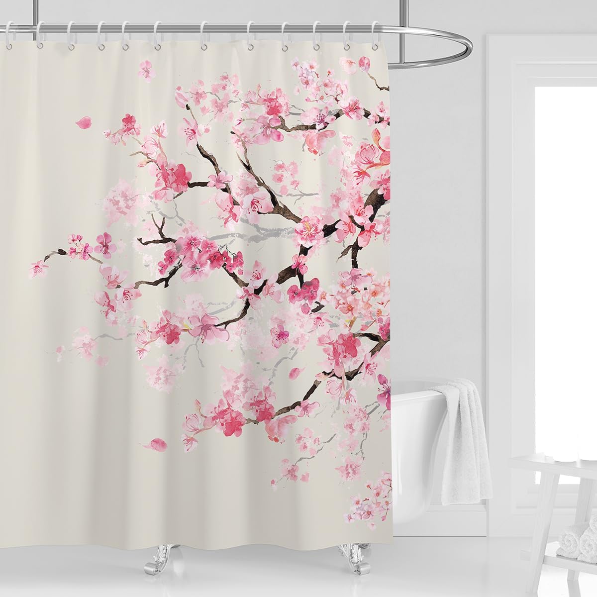 Japanese Floral Shower Curtain, Pink Beige, 12 Hooks, 60" W x 72" L