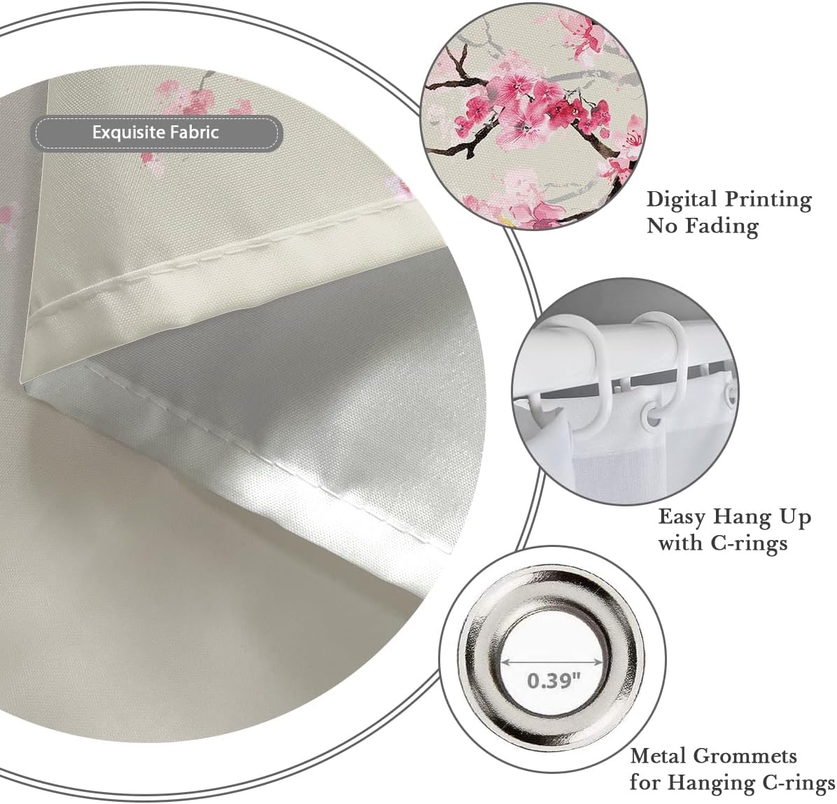Japanese Floral Shower Curtain, Pink Beige, 12 Hooks, 60" W x 72" L