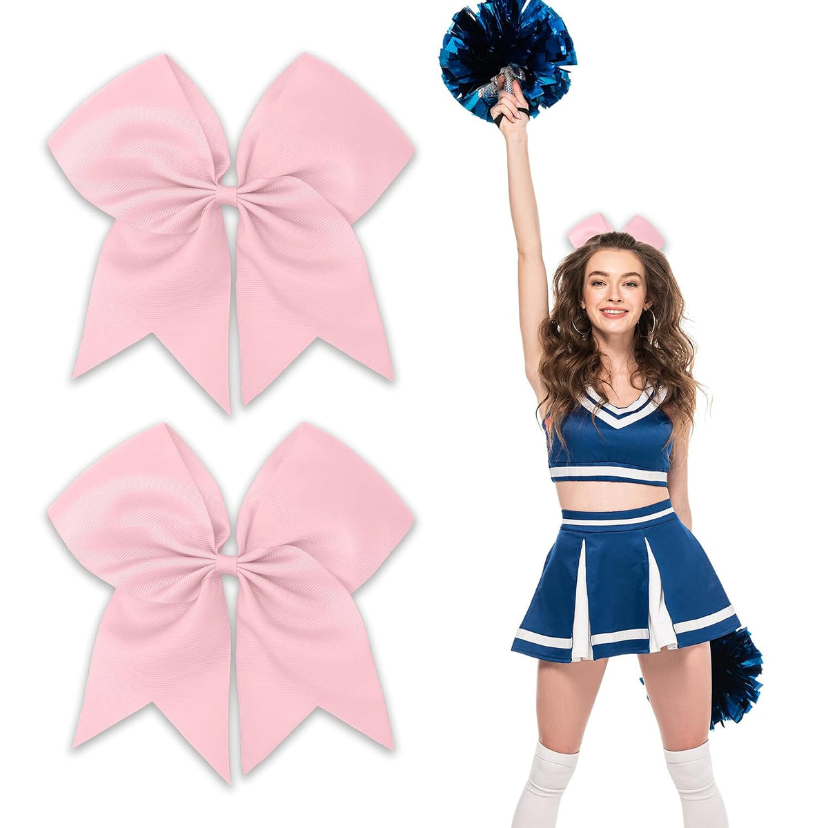 Light Pink Large Cheer Bows for Cheerleaders - Ponytail Holders, Hair Ribbons, Softball Accessories, and Bow Holder for Girls