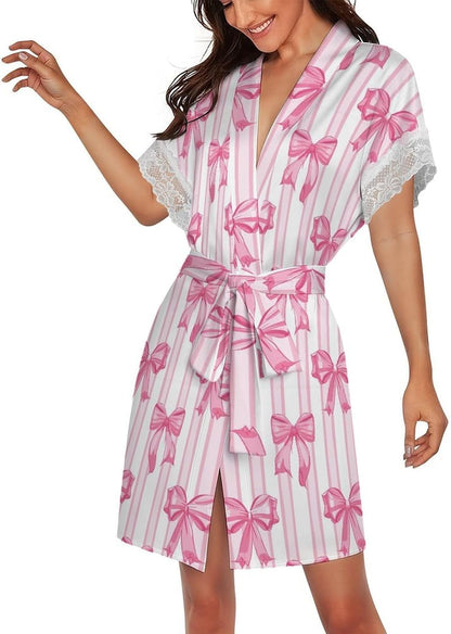 Womens Lounge Robe Short Lace Trim Comfy Sleepwear Bride Bathrobe Lightweight Kimono