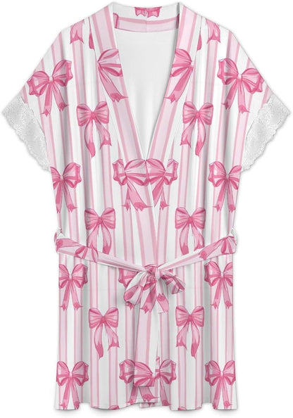 Womens Lounge Robe Short Lace Trim Comfy Sleepwear Bride Bathrobe Lightweight Kimono