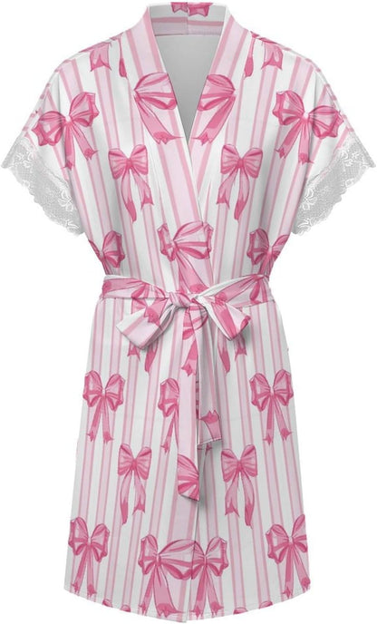 Womens Lounge Robe Short Lace Trim Comfy Sleepwear Bride Bathrobe Lightweight Kimono