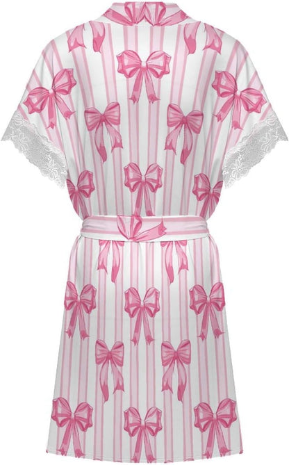 Womens Lounge Robe Short Lace Trim Comfy Sleepwear Bride Bathrobe Lightweight Kimono