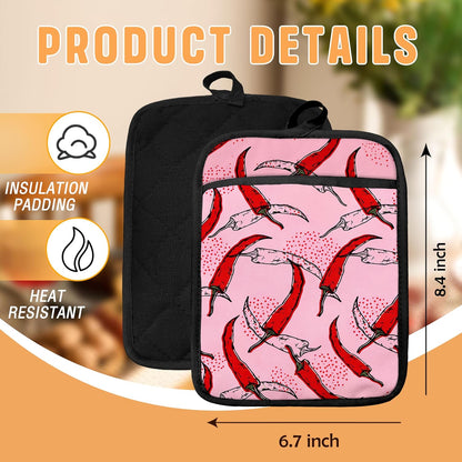 Pink Pepper Kitchen Pot Holders with Pockets, Trendy Red Chili Pepper Oven Pot Holders Heat Resistant Oven Mitts Hot Pads for Kitchen Baking Cooking