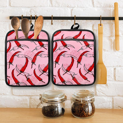 Pink Pepper Kitchen Pot Holders with Pockets, Trendy Red Chili Pepper Oven Pot Holders Heat Resistant Oven Mitts Hot Pads for Kitchen Baking Cooking