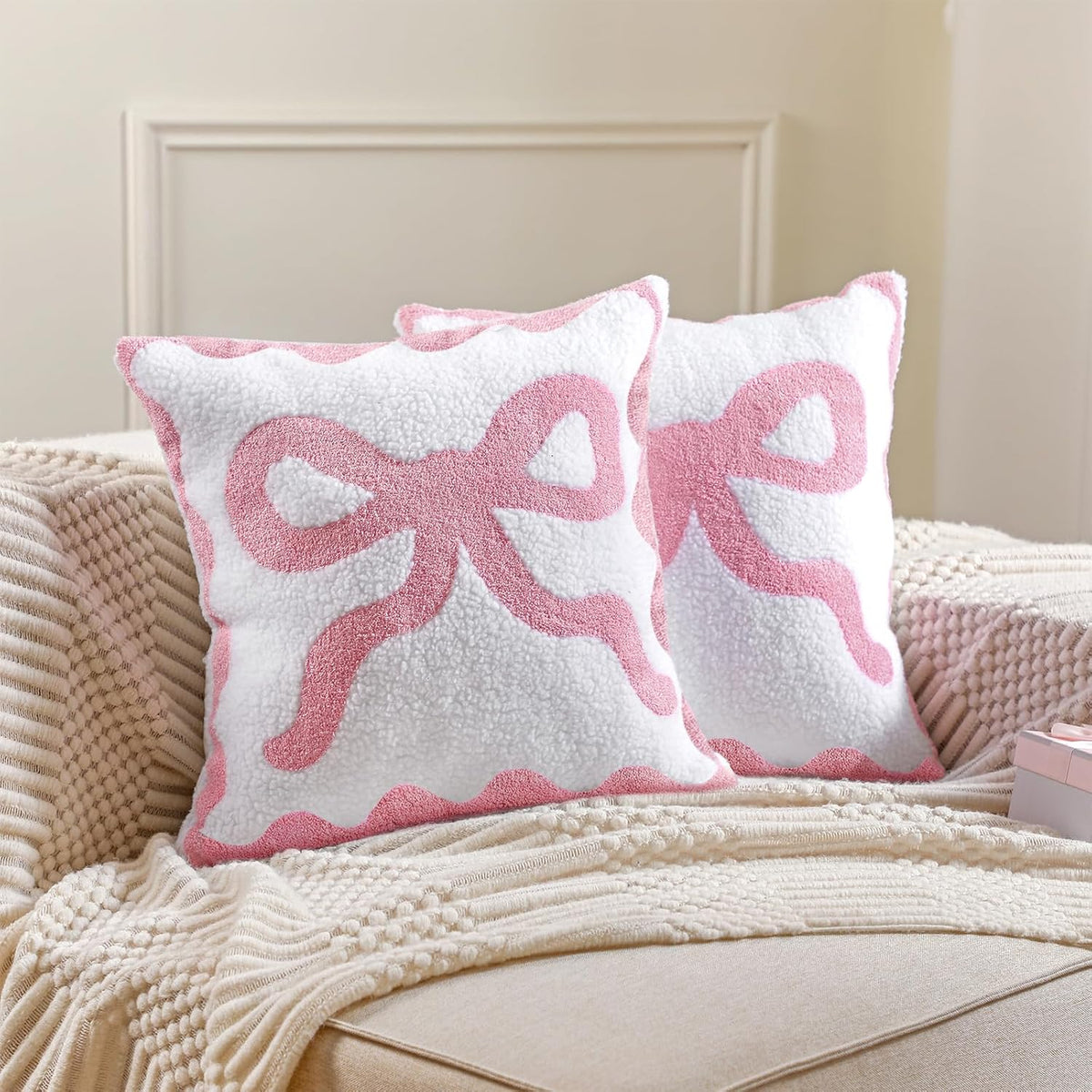 Pink Bow Pillow Covers Set of 2 Preppy Room Decor Coquette Bow Embroidered Pillow Covers Luxury Soft Pink Throw Pillowcases for Couch Sofa Bedroom Aesthetic Decor, 18x18 Inch