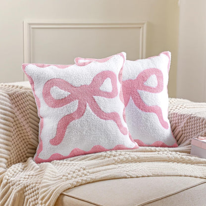 Pink Bow Pillow Covers Set of 2 Preppy Room Decor Coquette Bow Embroidered Pillow Covers Luxury Soft Pink Throw Pillowcases for Couch Sofa Bedroom Aesthetic Decor, 18x18 Inch