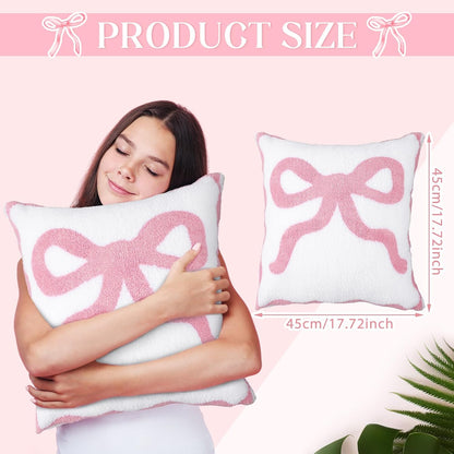 Pink Bow Pillow Covers Set of 2 Preppy Room Decor Coquette Bow Embroidered Pillow Covers Luxury Soft Pink Throw Pillowcases for Couch Sofa Bedroom Aesthetic Decor, 18x18 Inch