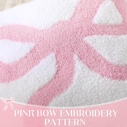 Pink Bow Pillow Covers Set of 2 Preppy Room Decor Coquette Bow Embroidered Pillow Covers Luxury Soft Pink Throw Pillowcases for Couch Sofa Bedroom Aesthetic Decor, 18x18 Inch