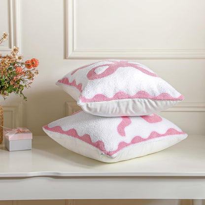 Pink Bow Pillow Covers Set of 2 Preppy Room Decor Coquette Bow Embroidered Pillow Covers Luxury Soft Pink Throw Pillowcases for Couch Sofa Bedroom Aesthetic Decor, 18x18 Inch