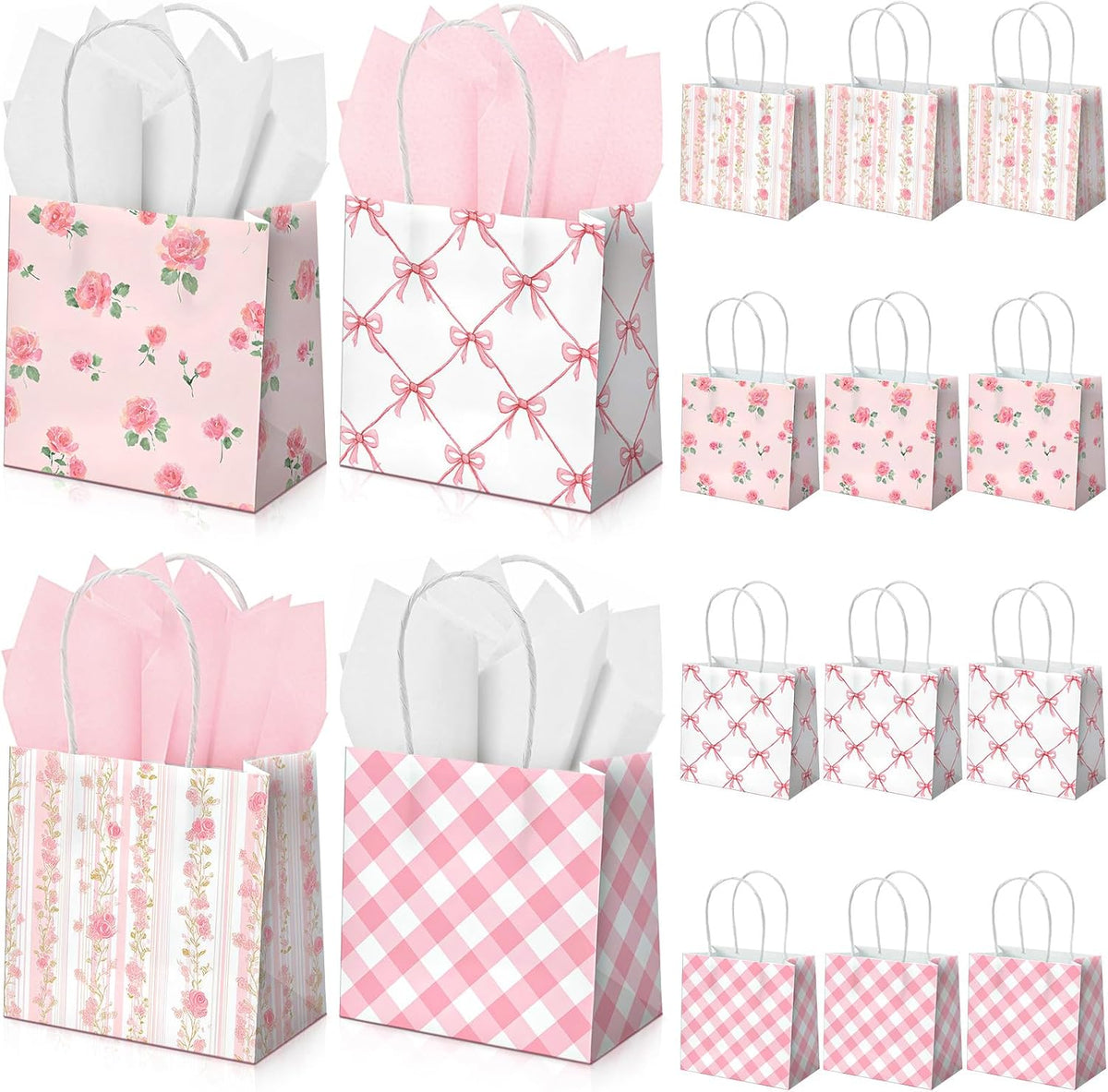 24 Pack Mini Pink Floral Gift Bags Bulk 5x5x3in with Handle Tissue
