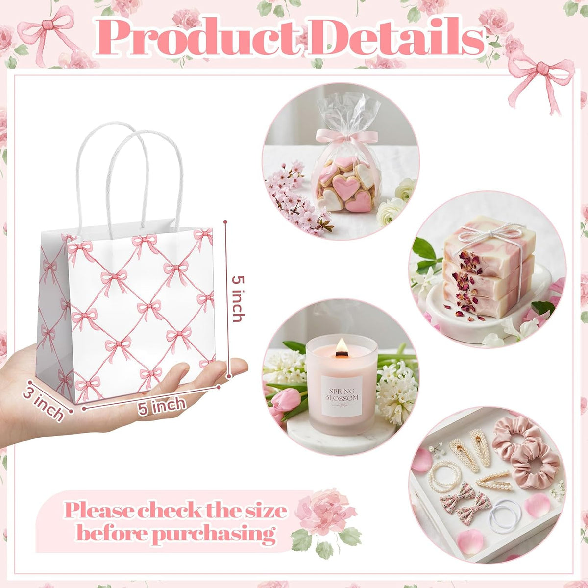 24 Pack Mini Pink Floral Gift Bags Bulk 5x5x3in with Handle Tissue