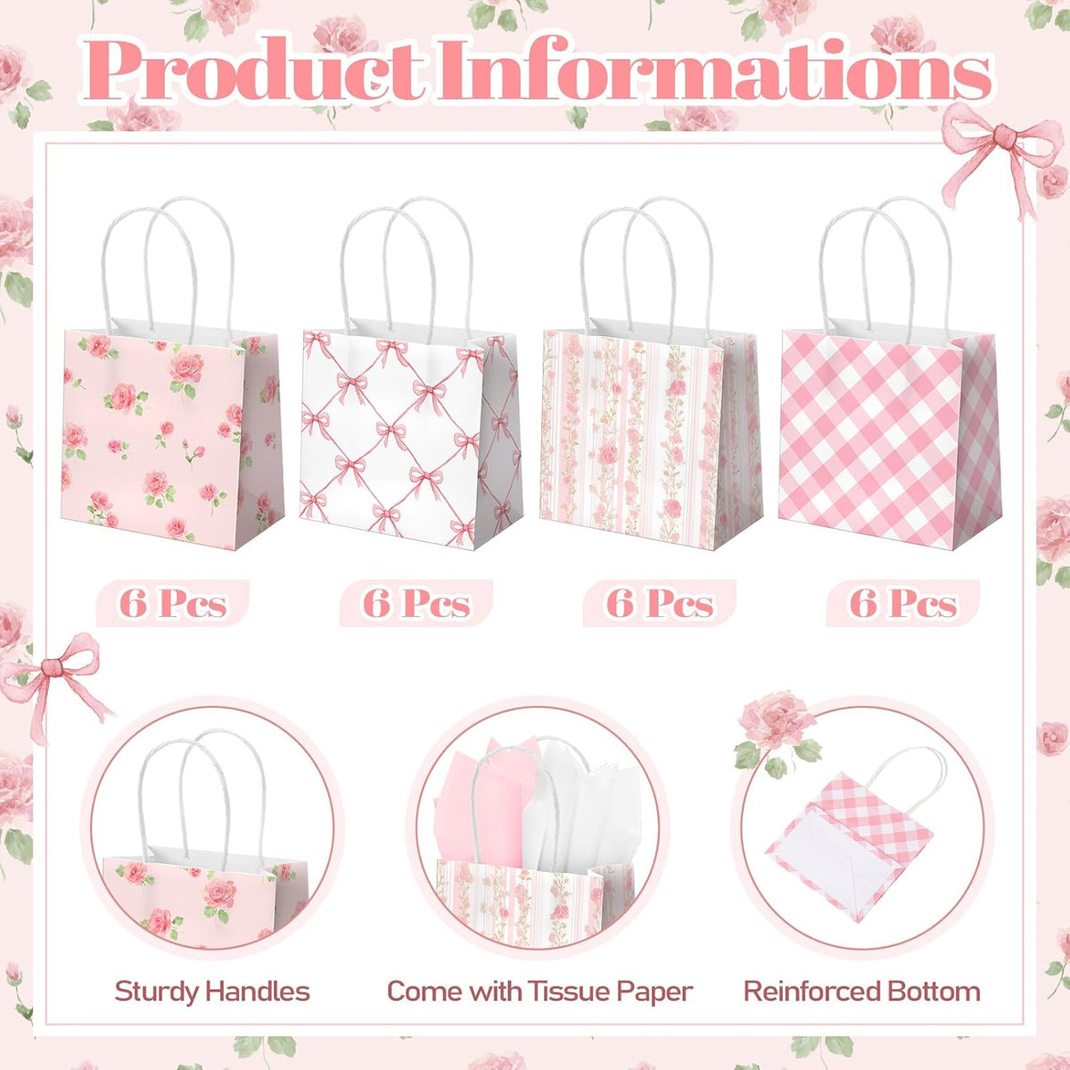 24 Pack Mini Pink Floral Gift Bags Bulk 5x5x3in with Handle Tissue