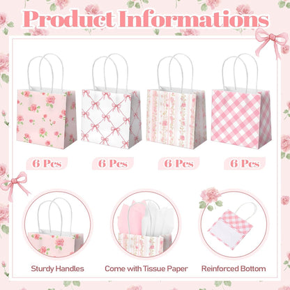 24 Pack Mini Pink Floral Gift Bags Bulk 5x5x3in with Handle Tissue