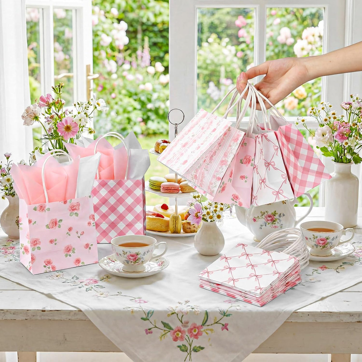 24 Pack Mini Pink Floral Gift Bags Bulk 5x5x3in with Handle Tissue