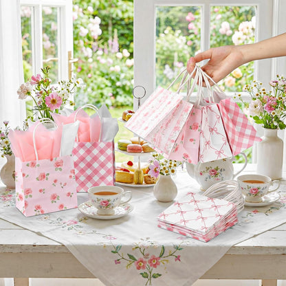 24 Pack Mini Pink Floral Gift Bags Bulk 5x5x3in with Handle Tissue