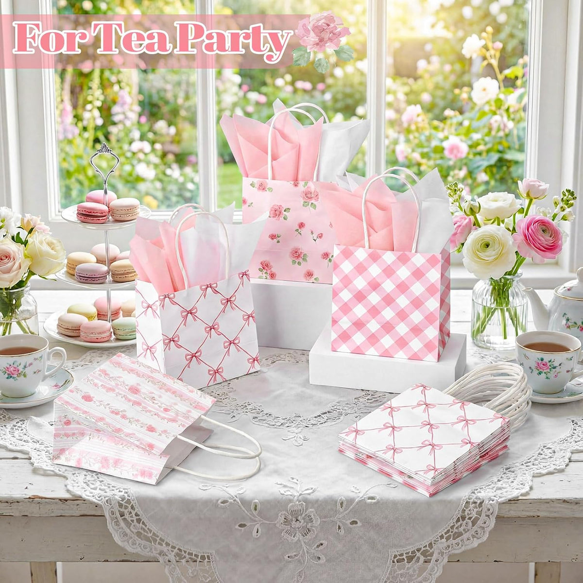 24 Pack Mini Pink Floral Gift Bags Bulk 5x5x3in with Handle Tissue