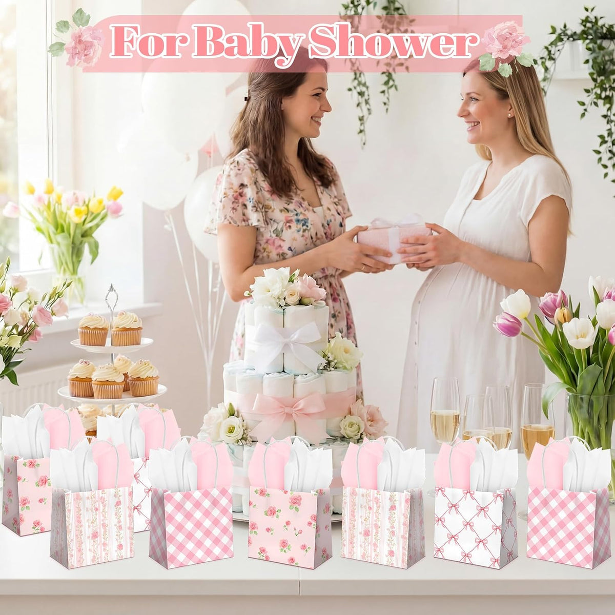 24 Pack Mini Pink Floral Gift Bags Bulk 5x5x3in with Handle Tissue