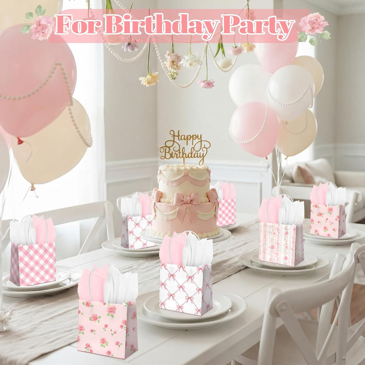 24 Pack Mini Pink Floral Gift Bags Bulk 5x5x3in with Handle Tissue