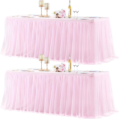 2 Pack Pink Table Cloth for 6 Foot Rectangle Tables, Pink Stretch Fitted Tulle Table Covers Skirt, Rectangular Ruffle Tutu Tablecloth Wedding Banquet Baby Shower Cake Tablecloths Decorations