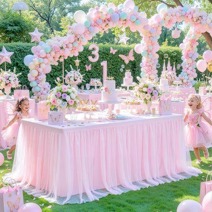 2 Pack Pink Table Cloth for 6 Foot Rectangle Tables, Pink Stretch Fitted Tulle Table Covers Skirt, Rectangular Ruffle Tutu Tablecloth Wedding Banquet Baby Shower Cake Tablecloths Decorations