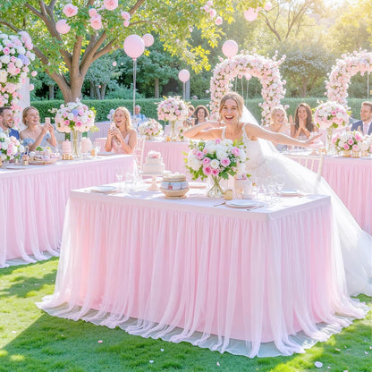 2 Pack Pink Table Cloth for 6 Foot Rectangle Tables, Pink Stretch Fitted Tulle Table Covers Skirt, Rectangular Ruffle Tutu Tablecloth Wedding Banquet Baby Shower Cake Tablecloths Decorations