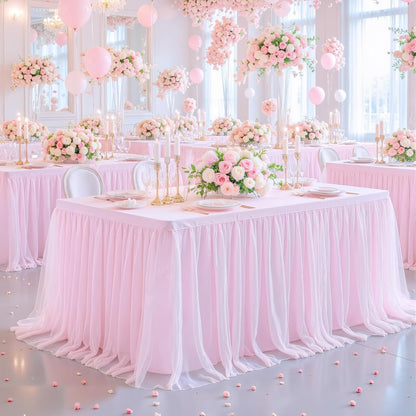 2 Pack Pink Table Cloth for 6 Foot Rectangle Tables, Pink Stretch Fitted Tulle Table Covers Skirt, Rectangular Ruffle Tutu Tablecloth Wedding Banquet Baby Shower Cake Tablecloths Decorations