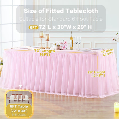2 Pack Pink Table Cloth for 6 Foot Rectangle Tables, Pink Stretch Fitted Tulle Table Covers Skirt, Rectangular Ruffle Tutu Tablecloth Wedding Banquet Baby Shower Cake Tablecloths Decorations