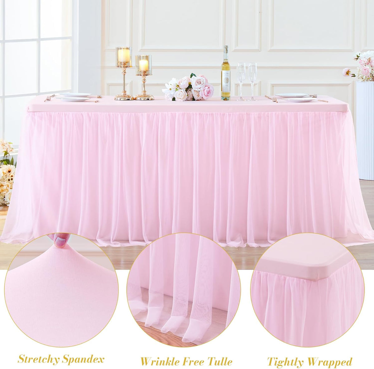 2 Pack Pink Table Cloth for 6 Foot Rectangle Tables, Pink Stretch Fitted Tulle Table Covers Skirt, Rectangular Ruffle Tutu Tablecloth Wedding Banquet Baby Shower Cake Tablecloths Decorations