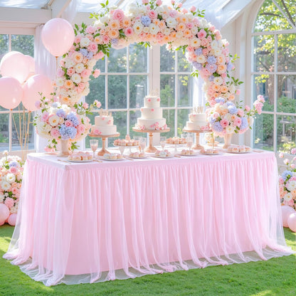 2 Pack Pink Table Cloth for 6 Foot Rectangle Tables, Pink Stretch Fitted Tulle Table Covers Skirt, Rectangular Ruffle Tutu Tablecloth Wedding Banquet Baby Shower Cake Tablecloths Decorations