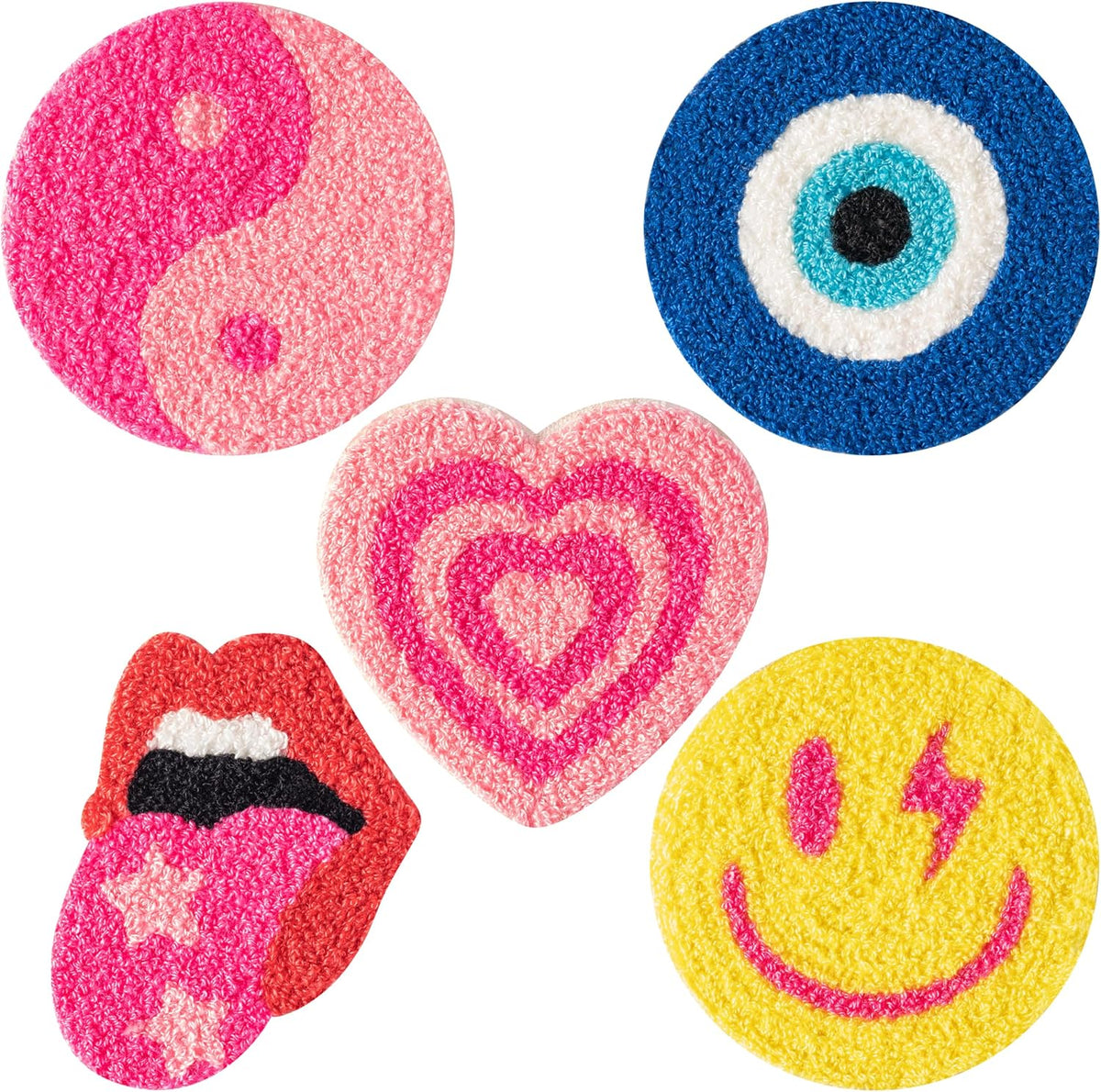 5Pcs Preppy Boho Tufted Coasters Smile Evil Eye Lip Love Yin-yang Drink Coasters Pink Yellow Y2K Pastel Rug Cup Mat Pad for Kitchen Desk Home Coffee Table Accessories Birthday Housewarming Gift