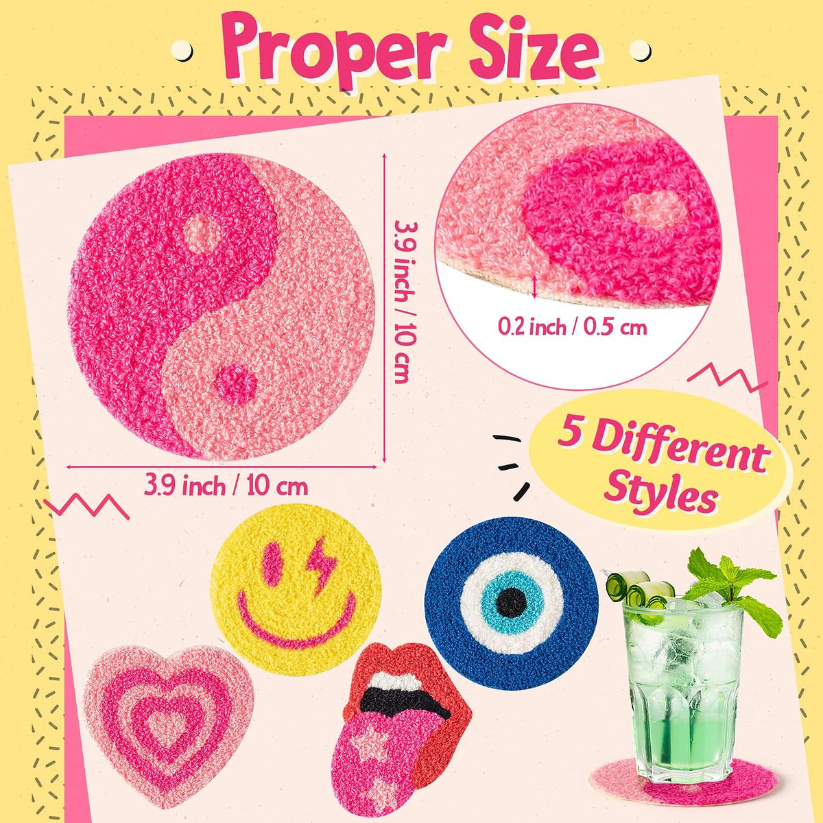 5Pcs Preppy Boho Tufted Coasters Smile Evil Eye Lip Love Yin-yang Drink Coasters Pink Yellow Y2K Pastel Rug Cup Mat Pad for Kitchen Desk Home Coffee Table Accessories Birthday Housewarming Gift