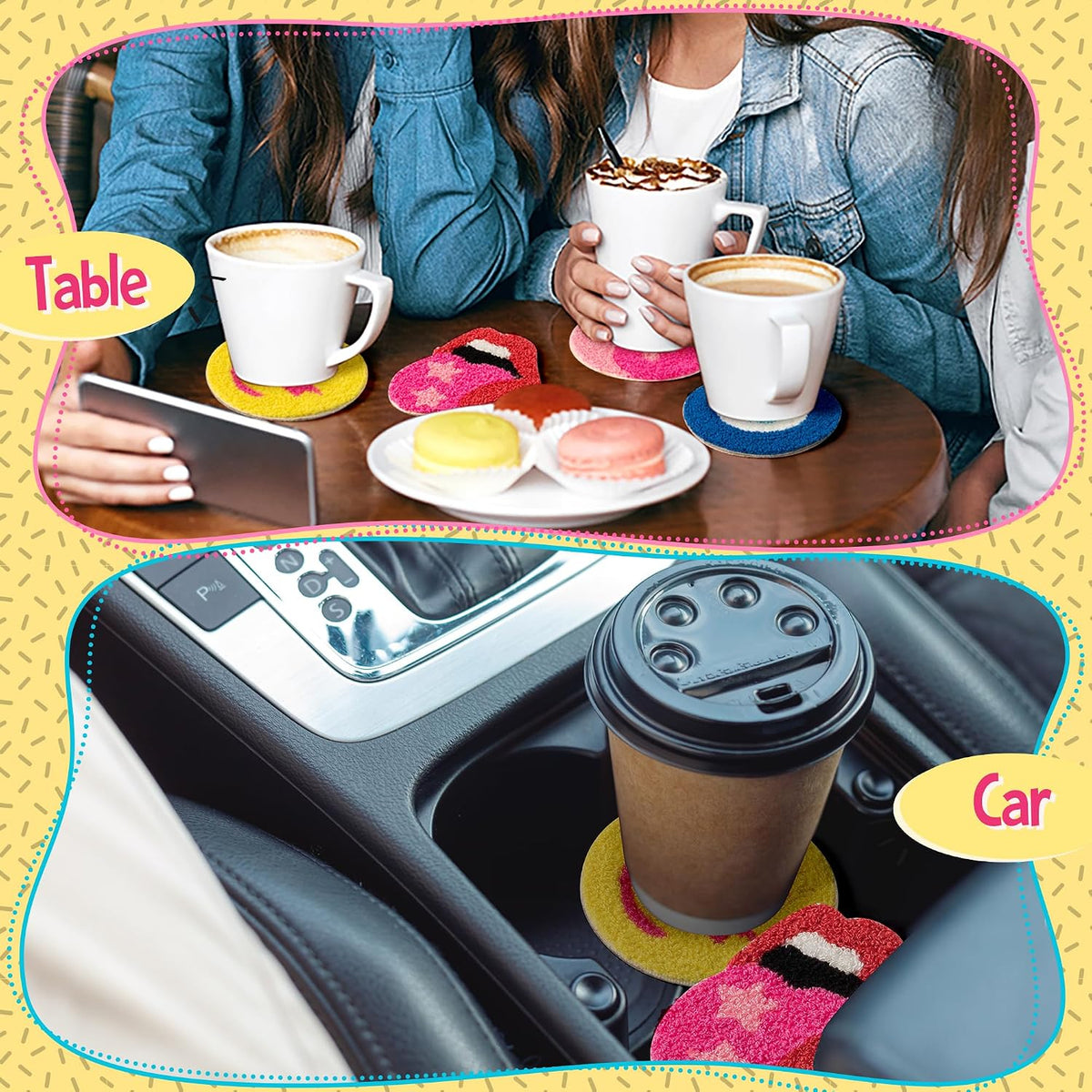 5Pcs Preppy Boho Tufted Coasters Smile Evil Eye Lip Love Yin-yang Drink Coasters Pink Yellow Y2K Pastel Rug Cup Mat Pad for Kitchen Desk Home Coffee Table Accessories Birthday Housewarming Gift