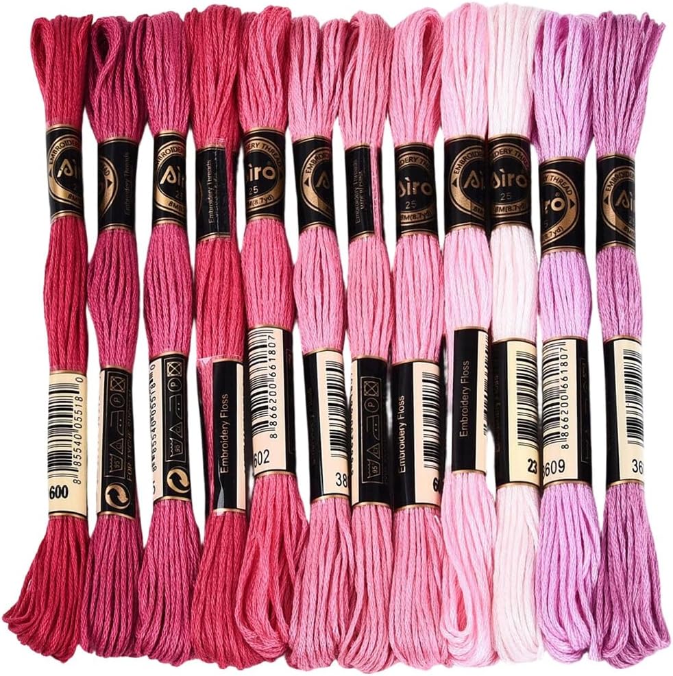 12 Skeins 105 Yards 6 Strands Pink Embroidery Floss Friendship Bracelet String Threads Variegated Gradient Polyester Cross Stitch Thread Yarn Set for Jewelry Hand Sewing Knitting Craft DIY