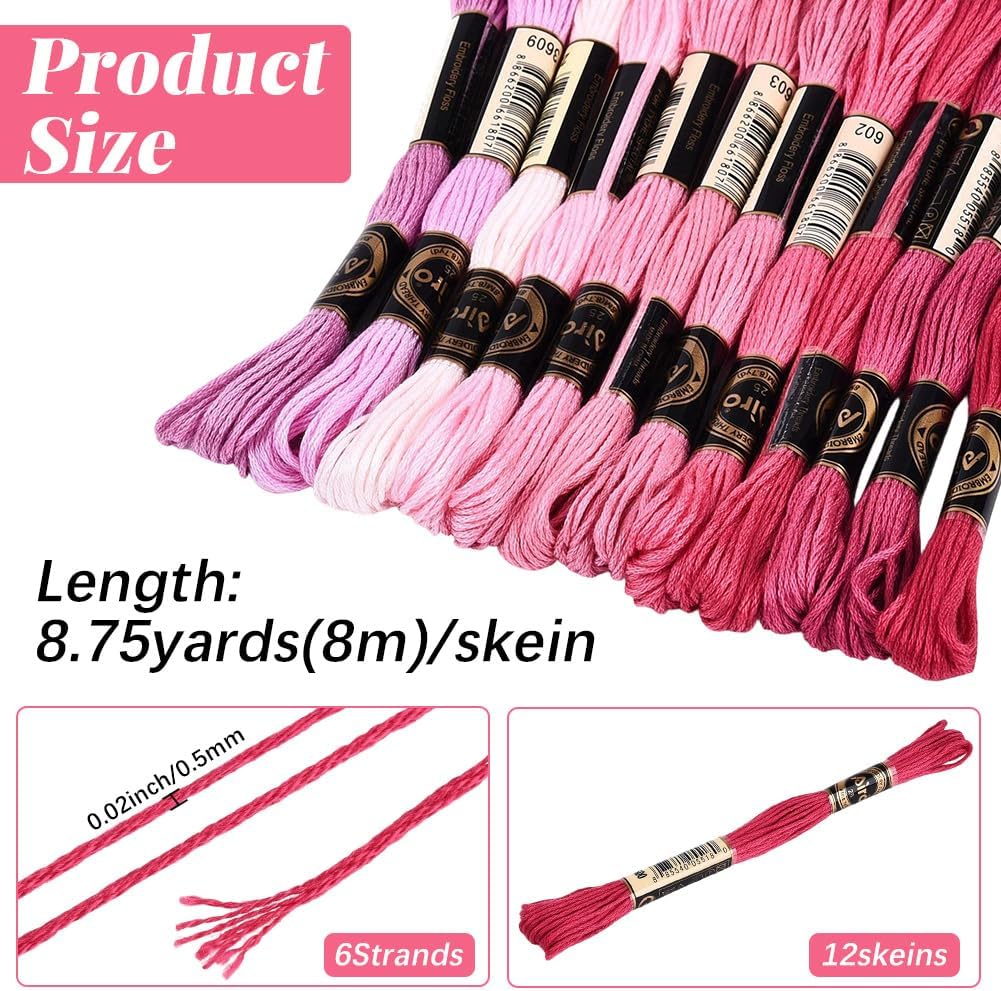 12 Skeins 105 Yards 6 Strands Pink Embroidery Floss Friendship Bracelet String Threads Variegated Gradient Polyester Cross Stitch Thread Yarn Set for Jewelry Hand Sewing Knitting Craft DIY