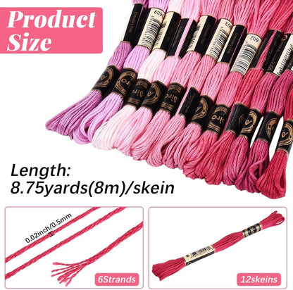 12 Skeins 105 Yards 6 Strands Pink Embroidery Floss Friendship Bracelet String Threads Variegated Gradient Polyester Cross Stitch Thread Yarn Set for Jewelry Hand Sewing Knitting Craft DIY