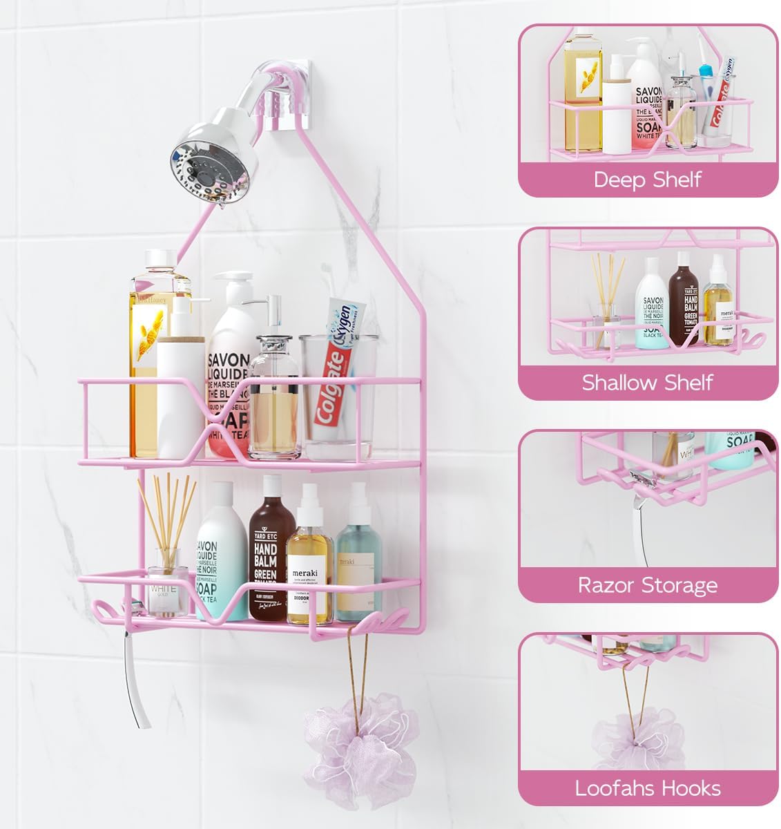 Pink Shower Caddy Over Shower Head, Pink Bathroom Accessories, Gift for Girlfriend, Wife, Little Girl