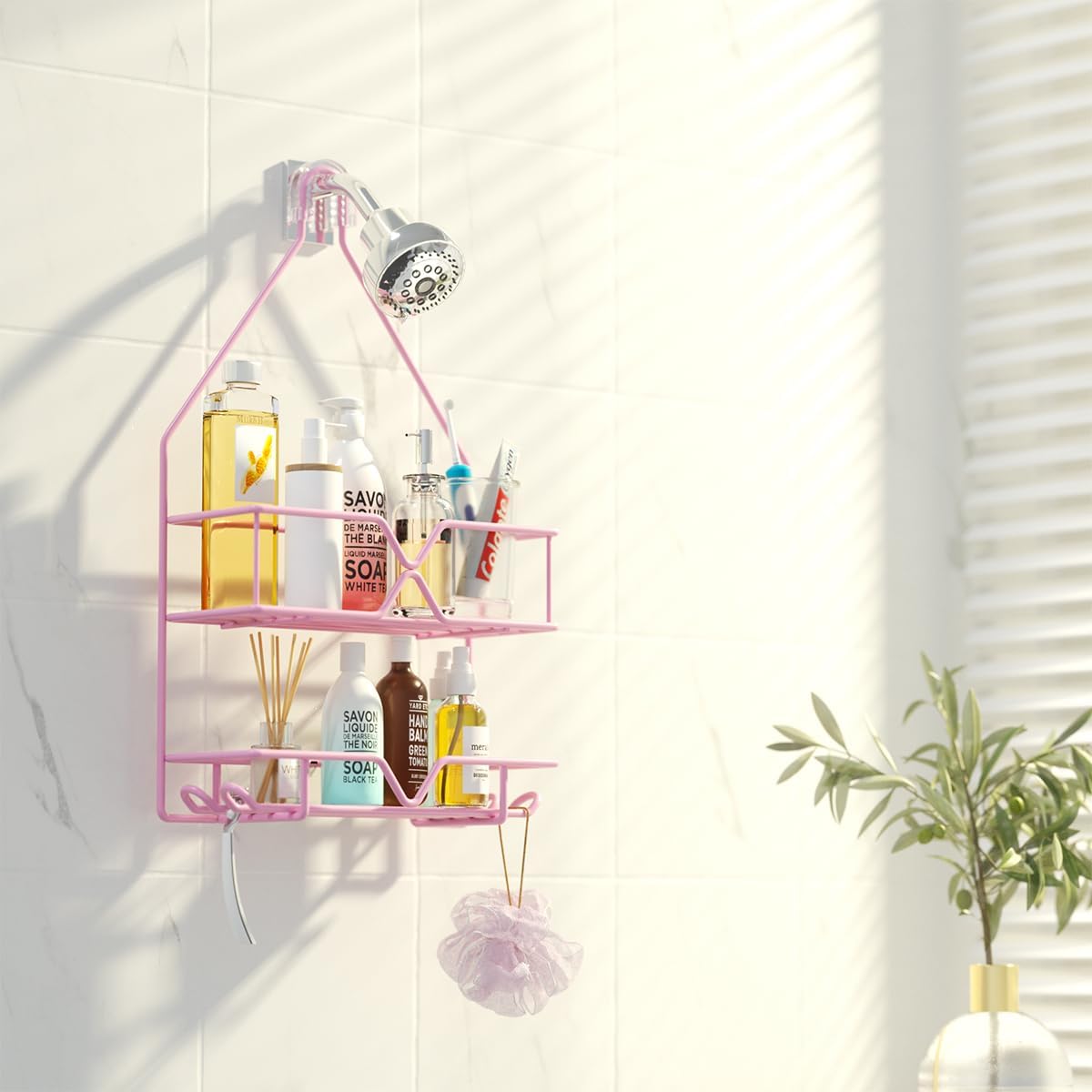 Pink Shower Caddy Over Shower Head, Pink Bathroom Accessories, Gift for Girlfriend, Wife, Little Girl