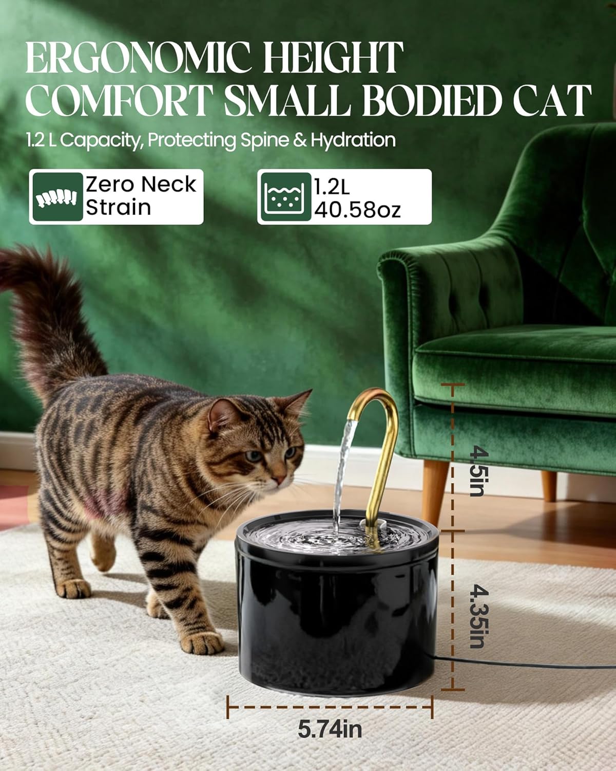 Tomxcute Ceramic Cat Water Fountain: 1.2L/40oz Compact BPA-Free All Ceramic Body-Pure Copper Water Spout for Cats Puppies-Small Pets Ultra-Quiet Pump 2 Filters