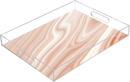 Pink Tones Marble Serving Tray with Handles, 12x16 Inch Decorative Acrylic Tray Organizer, Multi-Purpose Sturdy Serving Platter for Coffee Table, Kitchen, Vanity, Nightstand