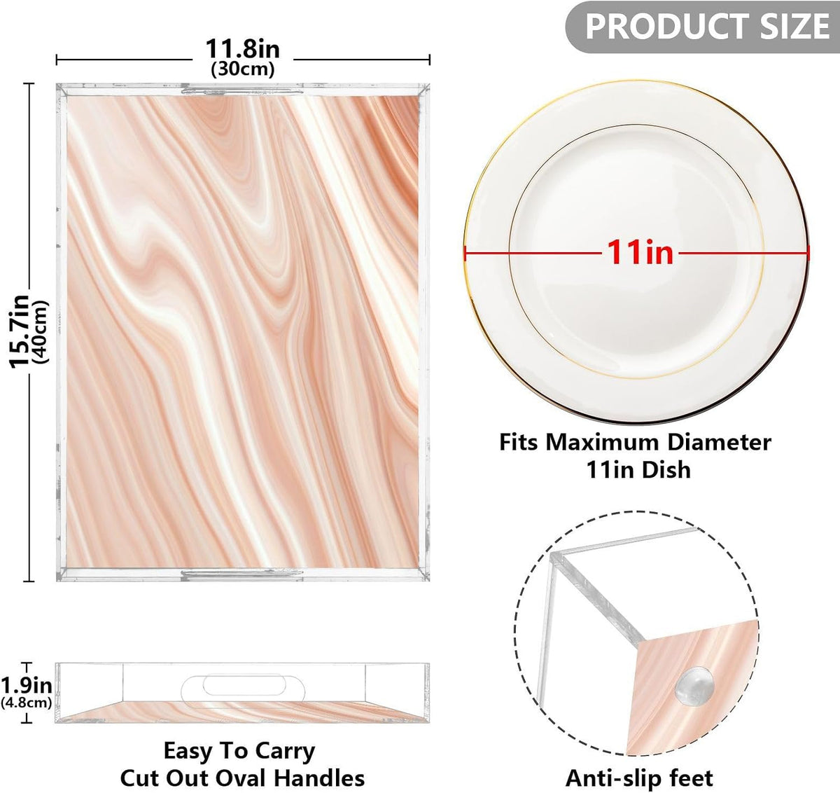 Pink Tones Marble Serving Tray with Handles, 12x16 Inch Decorative Acrylic Tray Organizer, Multi-Purpose Sturdy Serving Platter for Coffee Table, Kitchen, Vanity, Nightstand