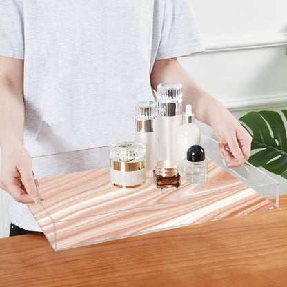 Pink Tones Marble Serving Tray with Handles, 12x16 Inch Decorative Acrylic Tray Organizer, Multi-Purpose Sturdy Serving Platter for Coffee Table, Kitchen, Vanity, Nightstand