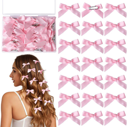 Pink Mini Bows, 20PCS Ribbon Hair Clips Barrettes With Box, Small Bow For Hair, Cute Bowknot, Hair Accessories For Women Girls