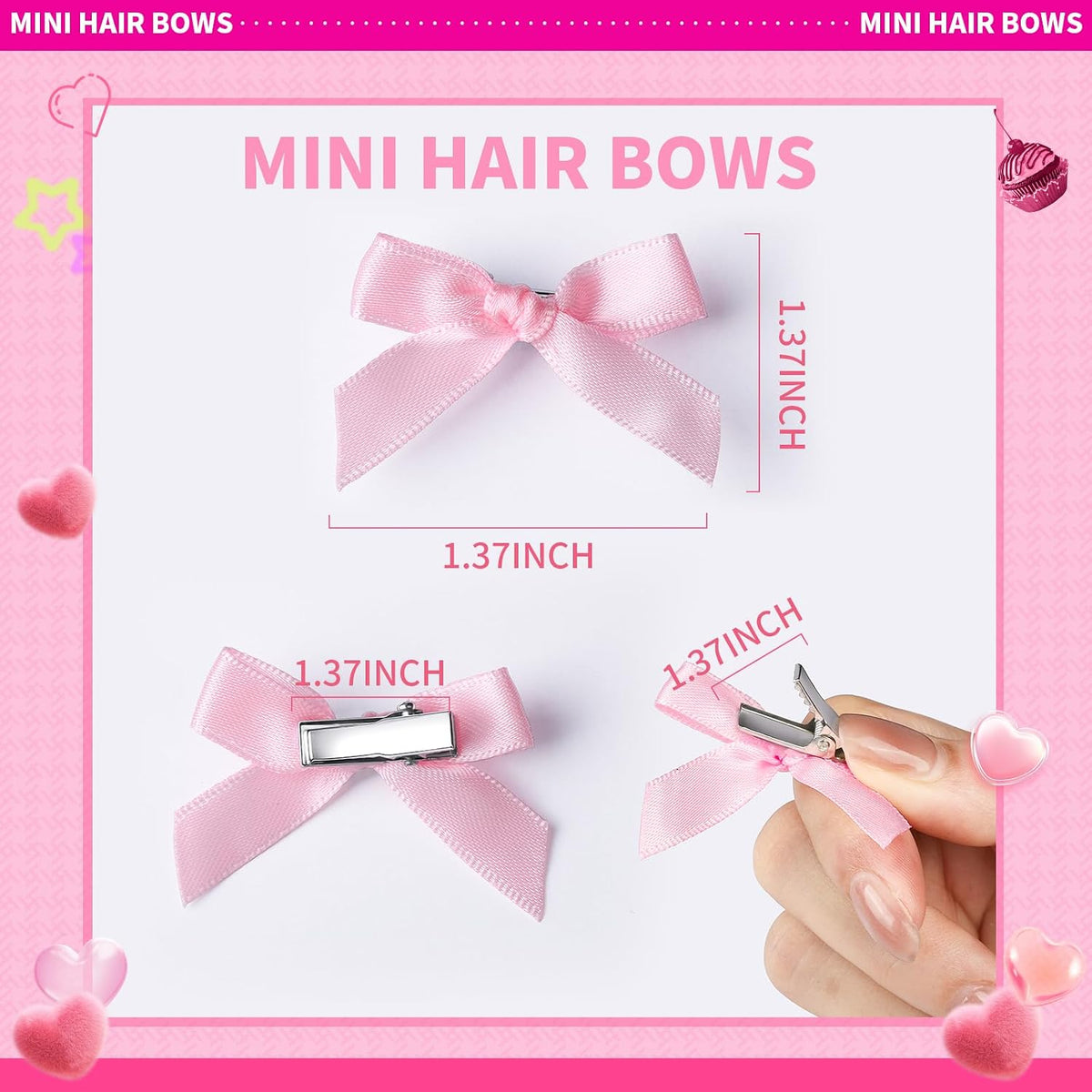 Pink Mini Bows, 20PCS Ribbon Hair Clips Barrettes With Box, Small Bow For Hair, Cute Bowknot, Hair Accessories For Women Girls