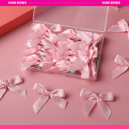 Pink Mini Bows, 20PCS Ribbon Hair Clips Barrettes With Box, Small Bow For Hair, Cute Bowknot, Hair Accessories For Women Girls